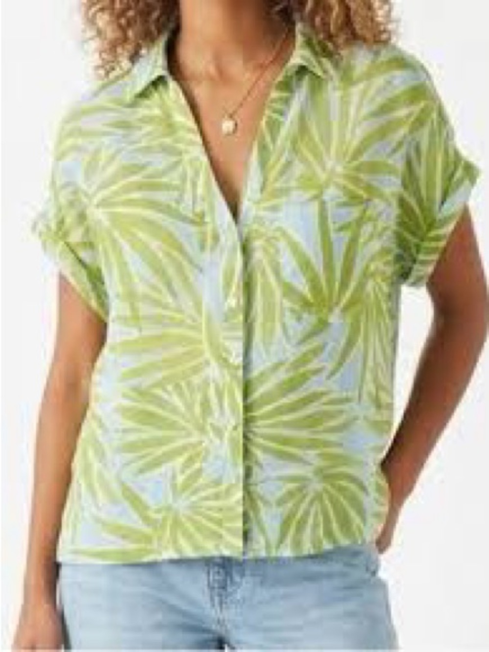 Sigrid Olsen 100% Linen Tropical Palm Leaf Boxy Button Down Top Green Size S